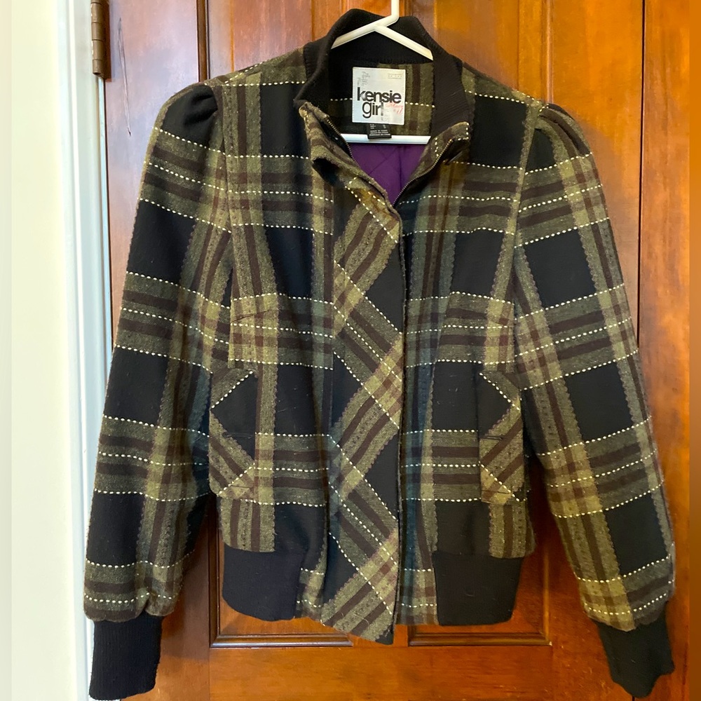 Kensie Girl Olive Plaid Bomber Jacket